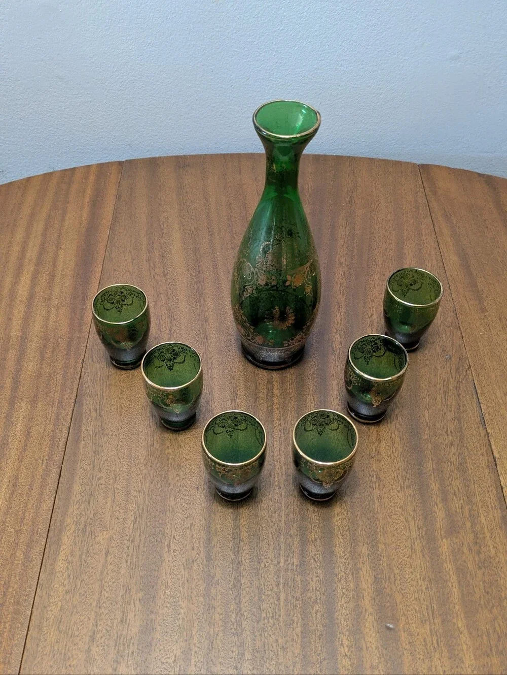 Vintage Murano Glass Decanter Set.  Very Nice Condition.  Emerald Green & Gold.